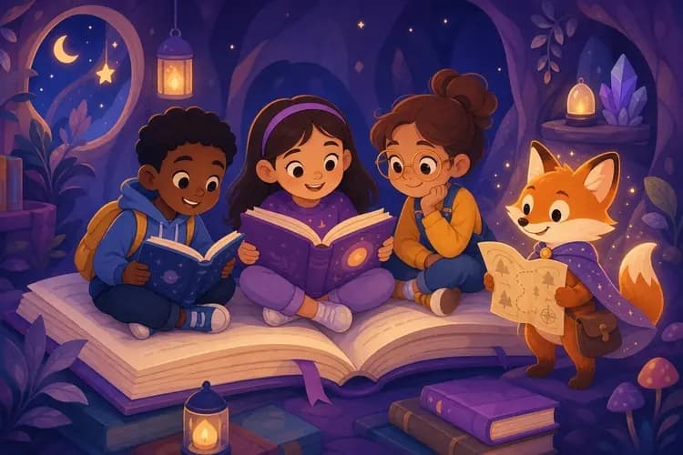 Children reading books together with a friendly guide